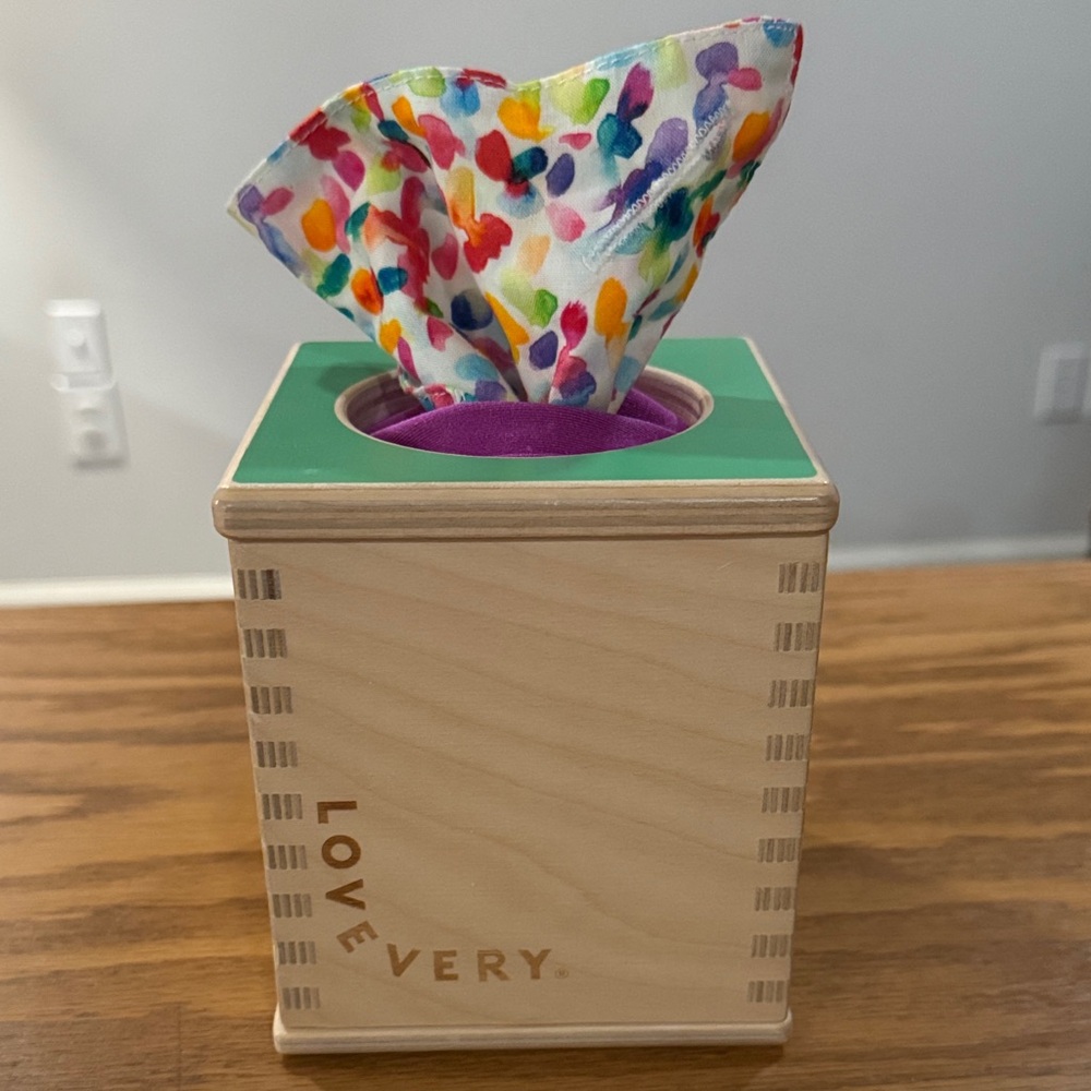 Lovevery Wooden Tissue Box Toy with Colorful tissues